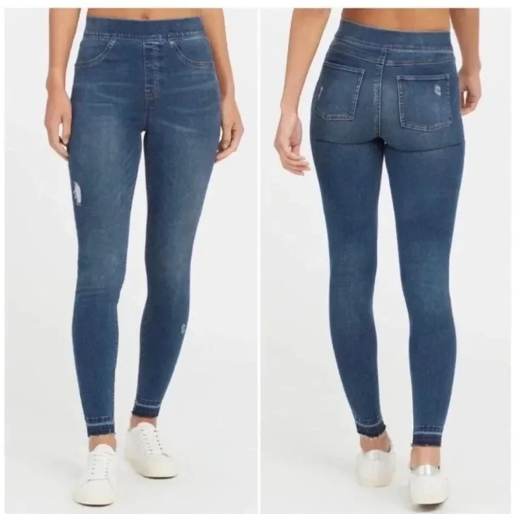 SPANX Distressed Ankle Skinny Jeans‎ in Medium Wash